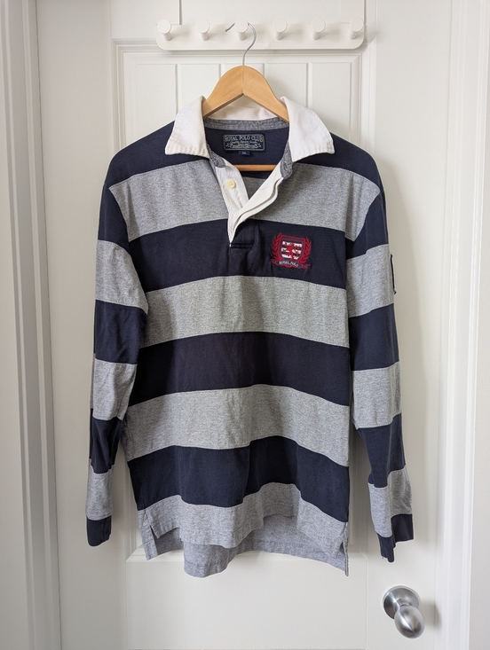 Tops - Striped Rugby Shirt with Crest - Navy & Gray XL